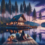DALL·E 2023 11 01 09.41.21 Photo of a serene lakeside cabin at dusk surrounded by tall pine trees and a calm reflective lake. A wooden deck extends over the water with two wi